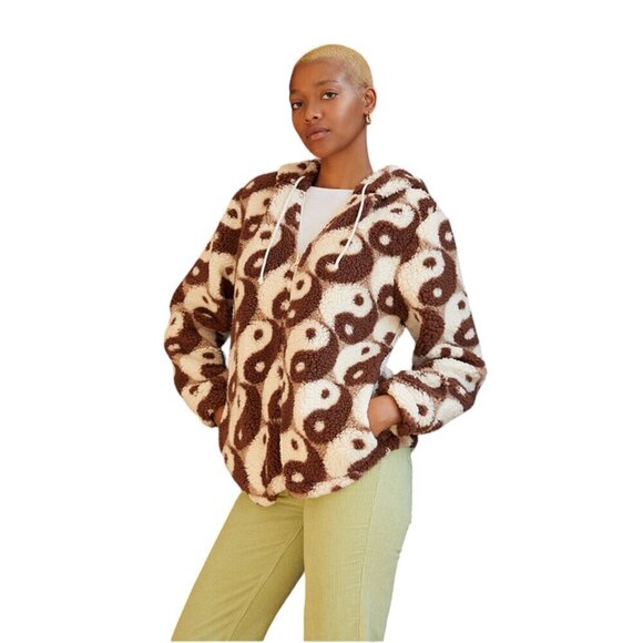 PacSun Royal Sherpa Hoodie | Brown and White | Teddy Fuzzy Jacket Coat, Small - Picture 1 of 16